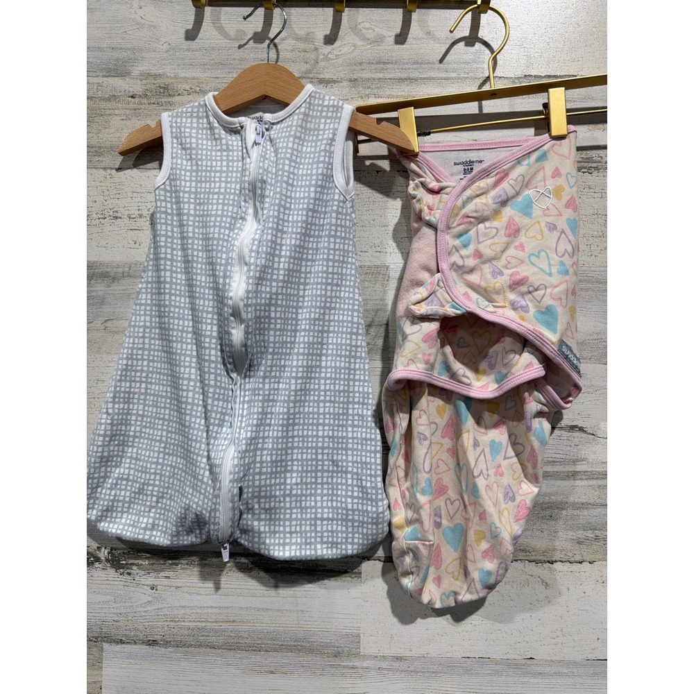 SwaddleMe Sleep Sack Swaddle Bundle Baby Girl 0-3M Pink Grey Hearts Grid